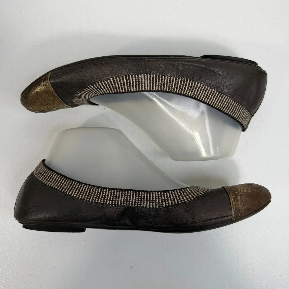Tory Burch Sz 8.5 Gabby Ballet Flats Gun Metal Leather Gold‎ Cap Toe Logo Shoes